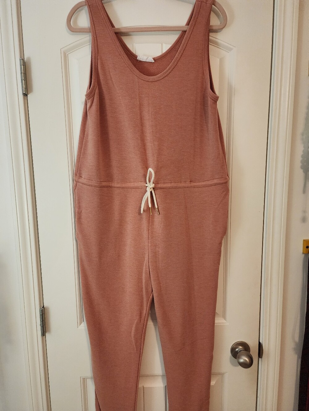 Firstlove Women's Dusty Rose Soft Fleecelike Drawstring Jumpsuit Sz L Blush Pink